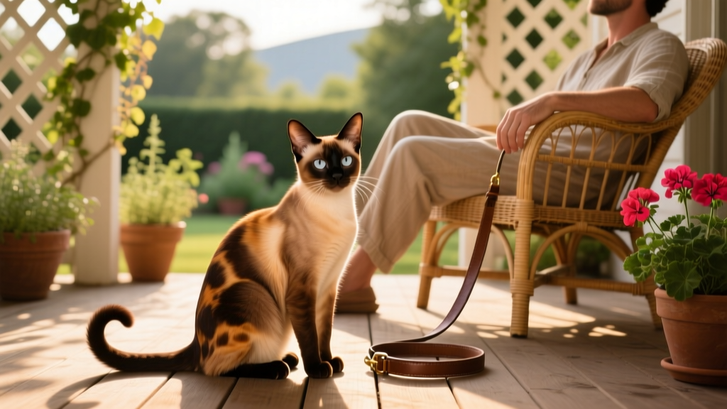 A Tonkinese cat sitting attentively beside its owner on a sunlit porch, leash gently coiled nearby