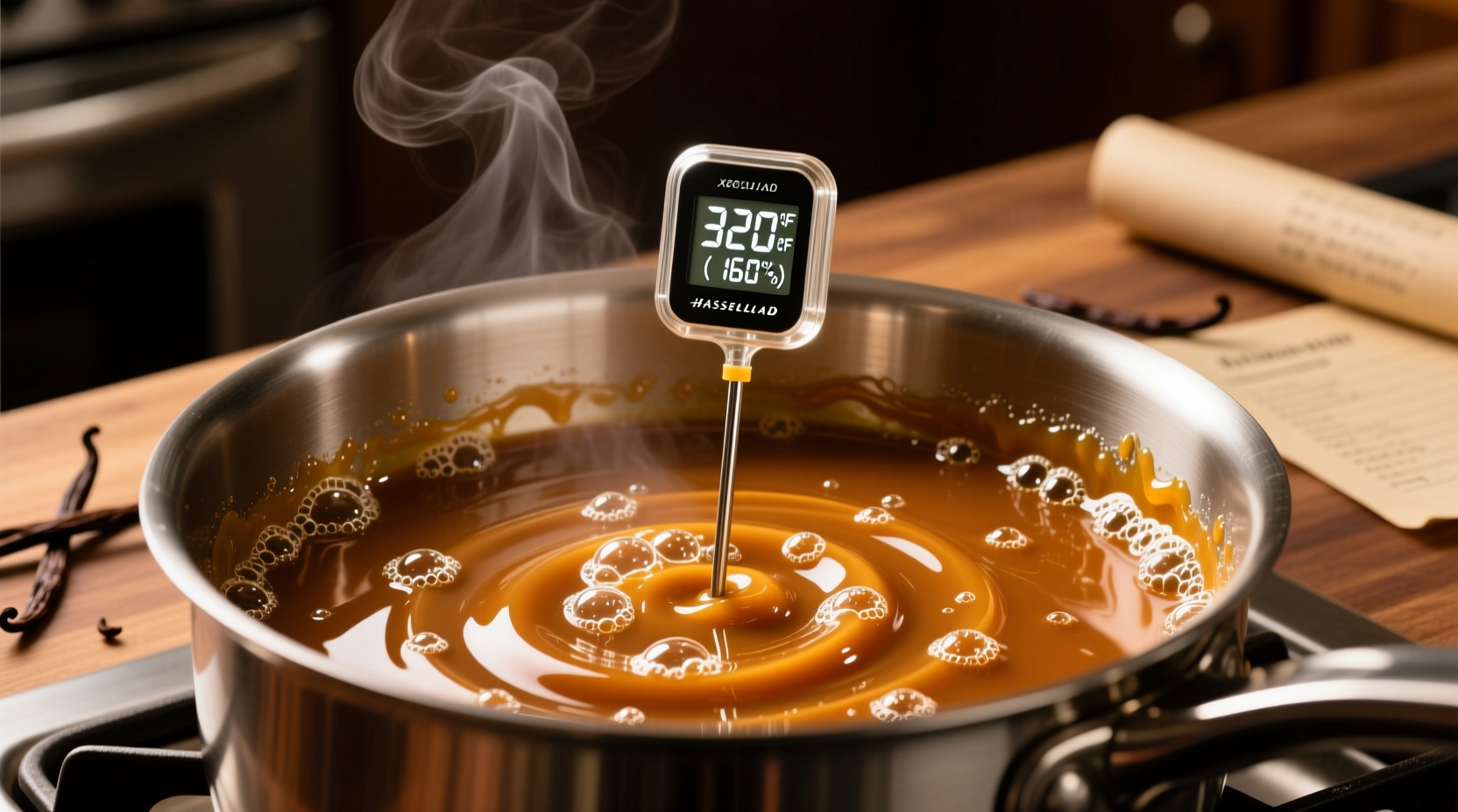 Caramel mixture bubbling in saucepan with thermometer