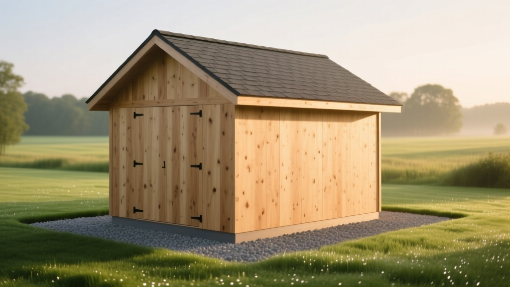 A freshly framed 12x12 wooden shed with plywood sheathing and asphalt shingle roofing sitting on a gravel pad surrounded by green lawn
