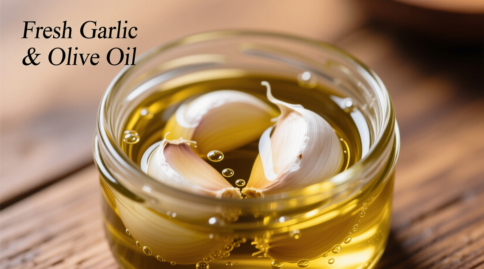 Fresh garlic cloves submerged in olive oil in glass jar