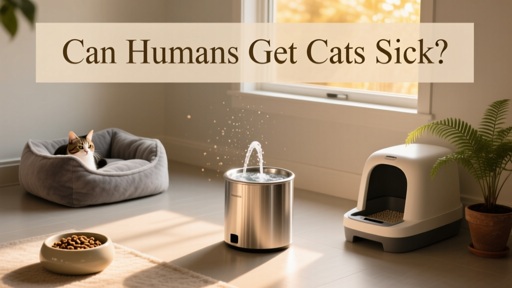 A clean, well-lit home setup with a cat bed, food bowl, water fountain, and litter box in separate corners