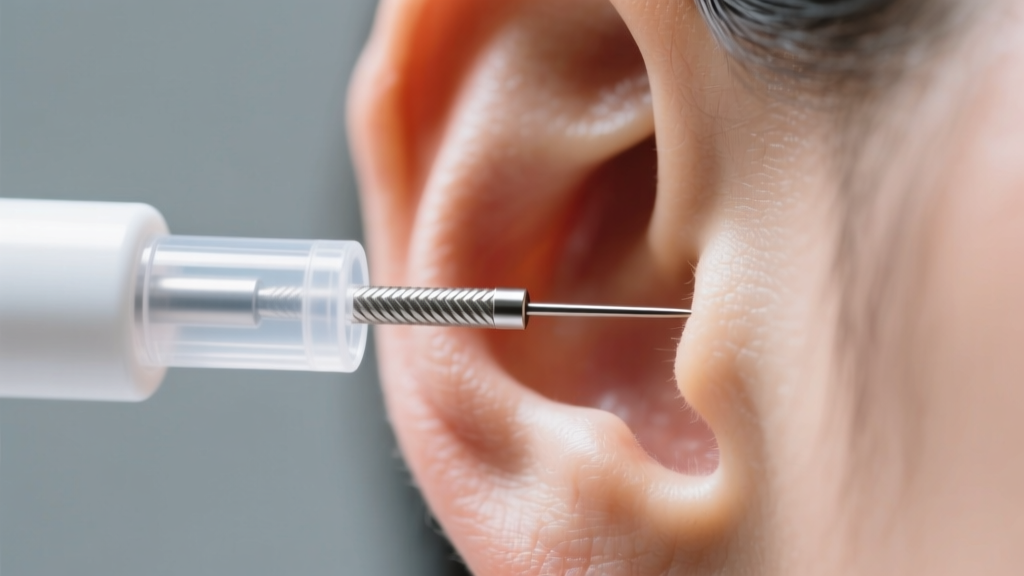 Close-up of a sterile single-use ear piercing system pressing against a sanitized earlobe, bright clinical lighting setup