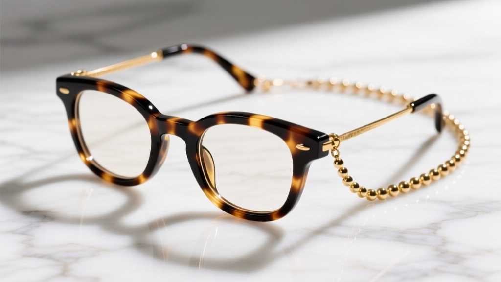 Flat lay of tortoiseshell optical glasses connected to a delicate 14k gold-filled beaded eyeglass chain on a white marble surface