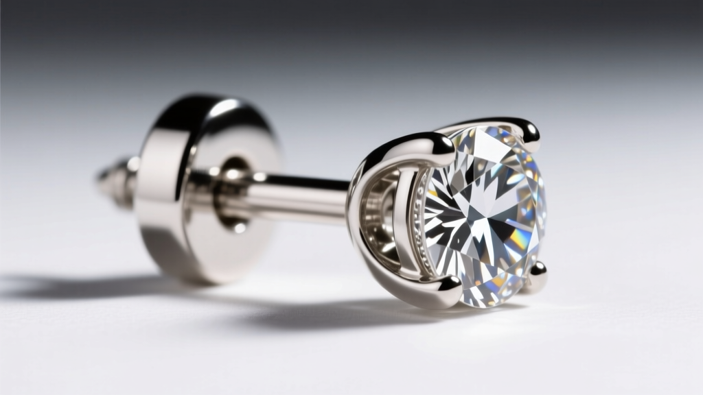 Extreme close-up of a platinum La Pousette locking earring back securing a thick 18-gauge post on a heavy diamond stud earring