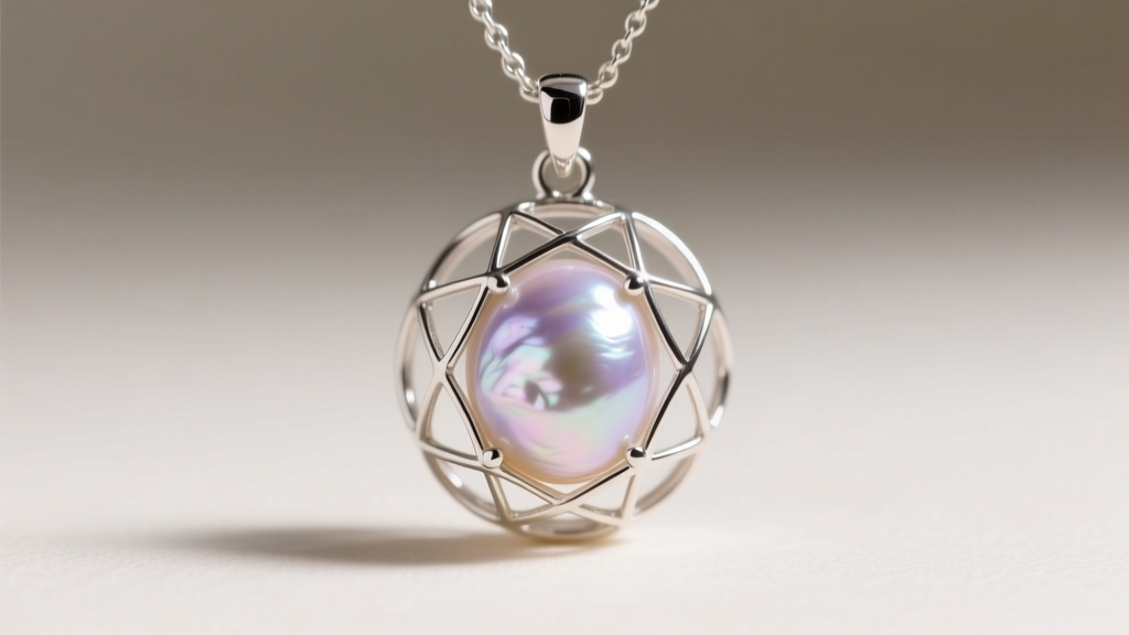 Macro shot of a sterling silver filigree pearl cage necklace pendant featuring a slightly irregular baroque freshwater pearl inside