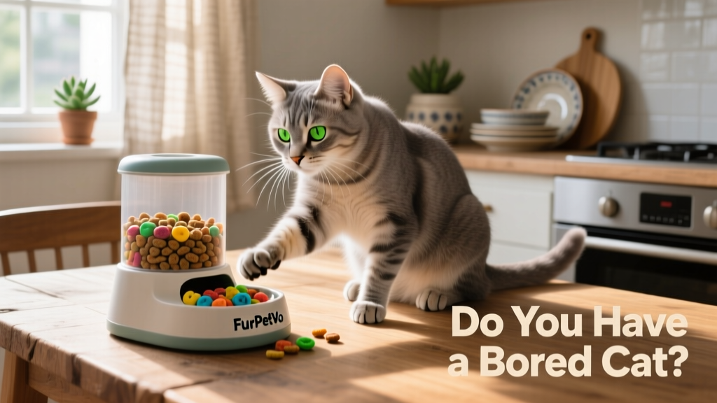 A cat pawing curiously at a FurPetVo puzzle feeder filled with treats