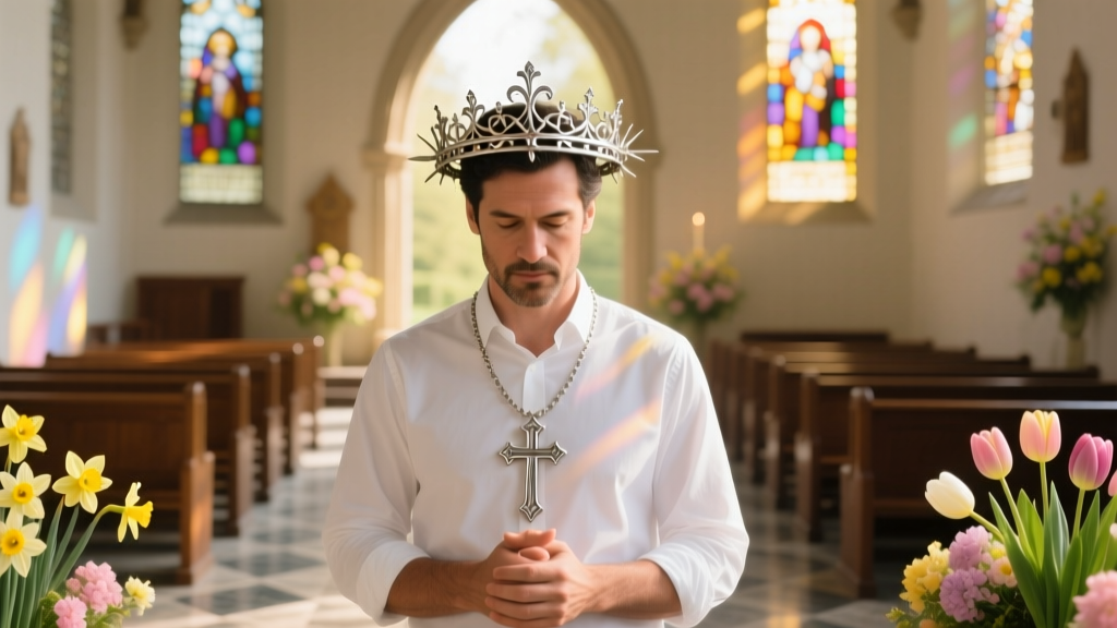 Man wearing an 18-inch silver cross crown of thorns necklace over a white button-down shirt during a bright spring Easter service.