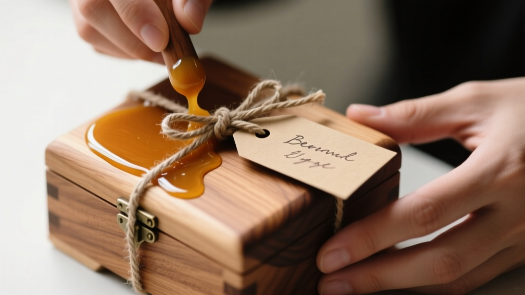 Hands applying beeswax finish to a maple DIY wooden jewelry box, wrapped with rustic linen ribbon and a handwritten kraft gift tag