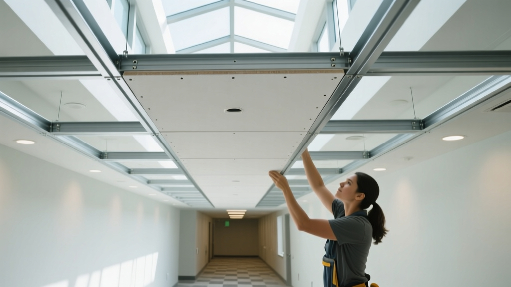 Contractor securing 5/8-inch Type X suspended ceiling gypsum board to metal furring channels in a bright commercial hallway.