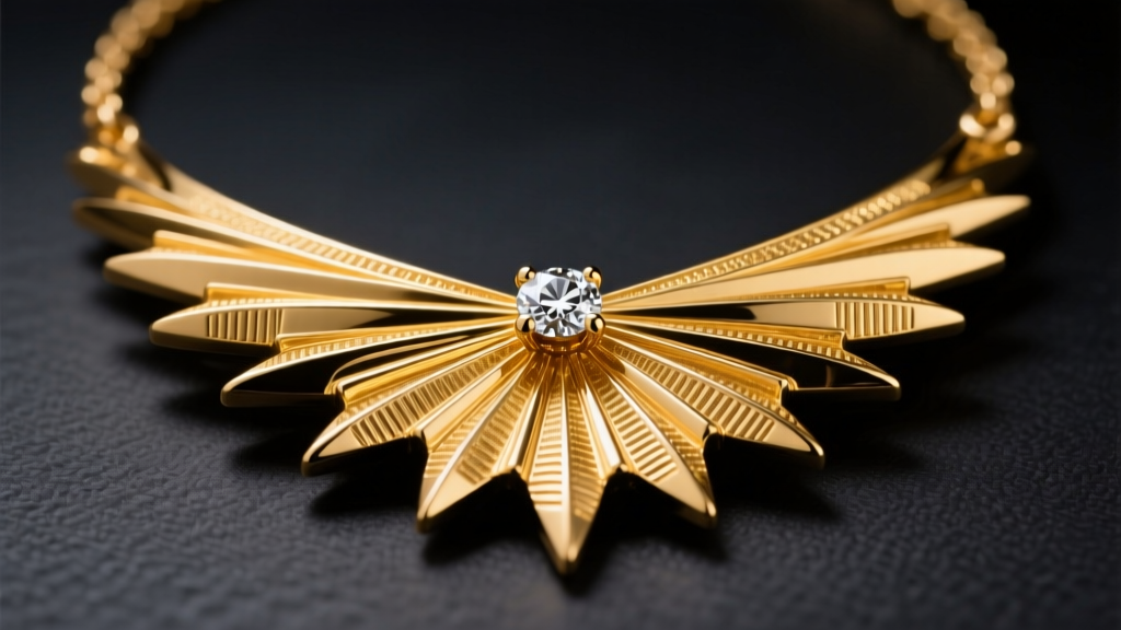 18k yellow gold sunburst necklace on dark slate, warm lighting highlighting textured rays and a central diamond accent, macro shot.