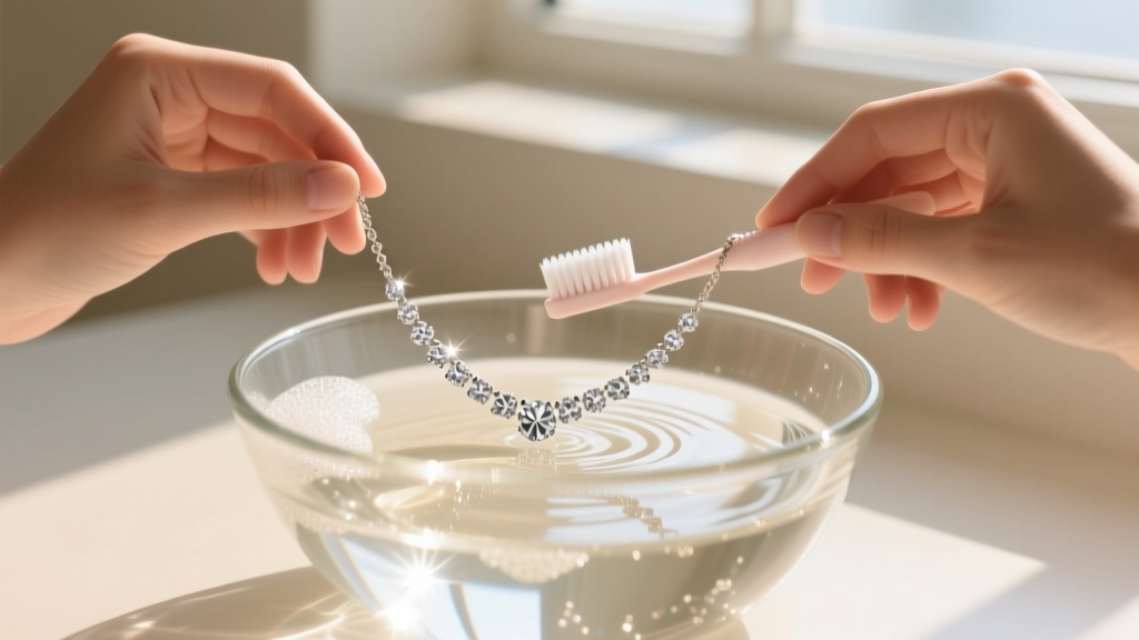 Hands gently brushing a delicate diamond tennis necklace with a soft baby toothbrush in a glass bowl of warm soapy water.