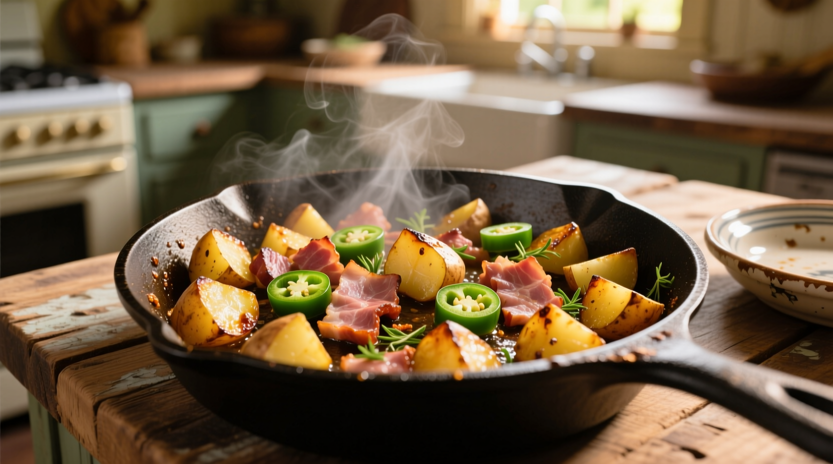 Golden brown potato and ham with jalapenos in skillet