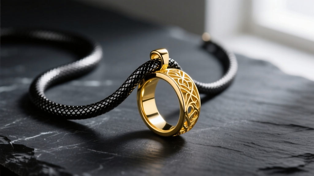 Polished 18k yellow gold decorative ring pendant sliding freely on a black rhodium snake chain, captured against dark slate.