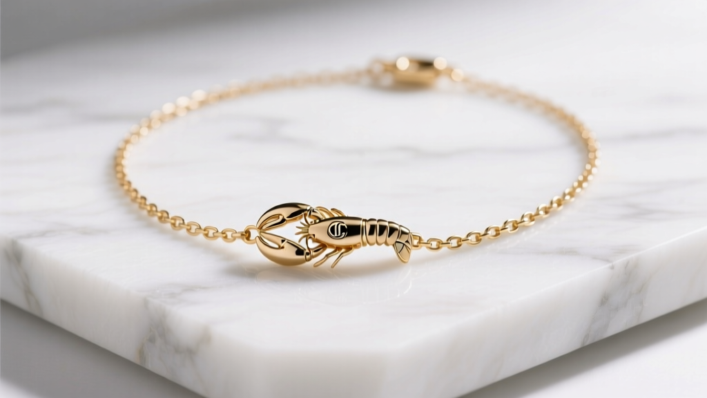 Delicate gold vermeil chain necklace with a branded lobster clasp resting on white marble under soft studio lighting.
