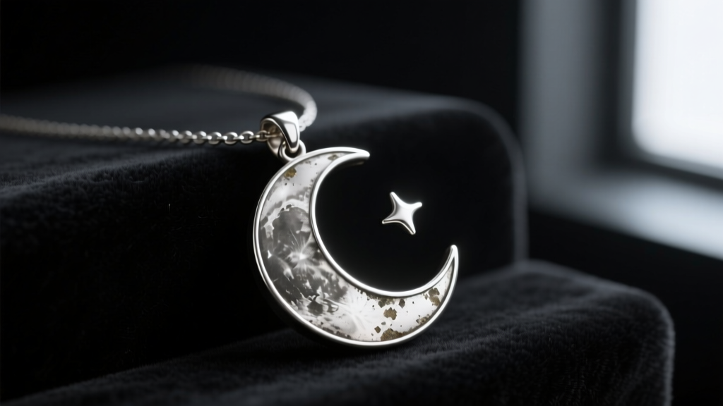 Soy Luna moon pendant on dark velvet, displaying silver plating wear and dark oxidation along the outer edges of the metal jewelry.