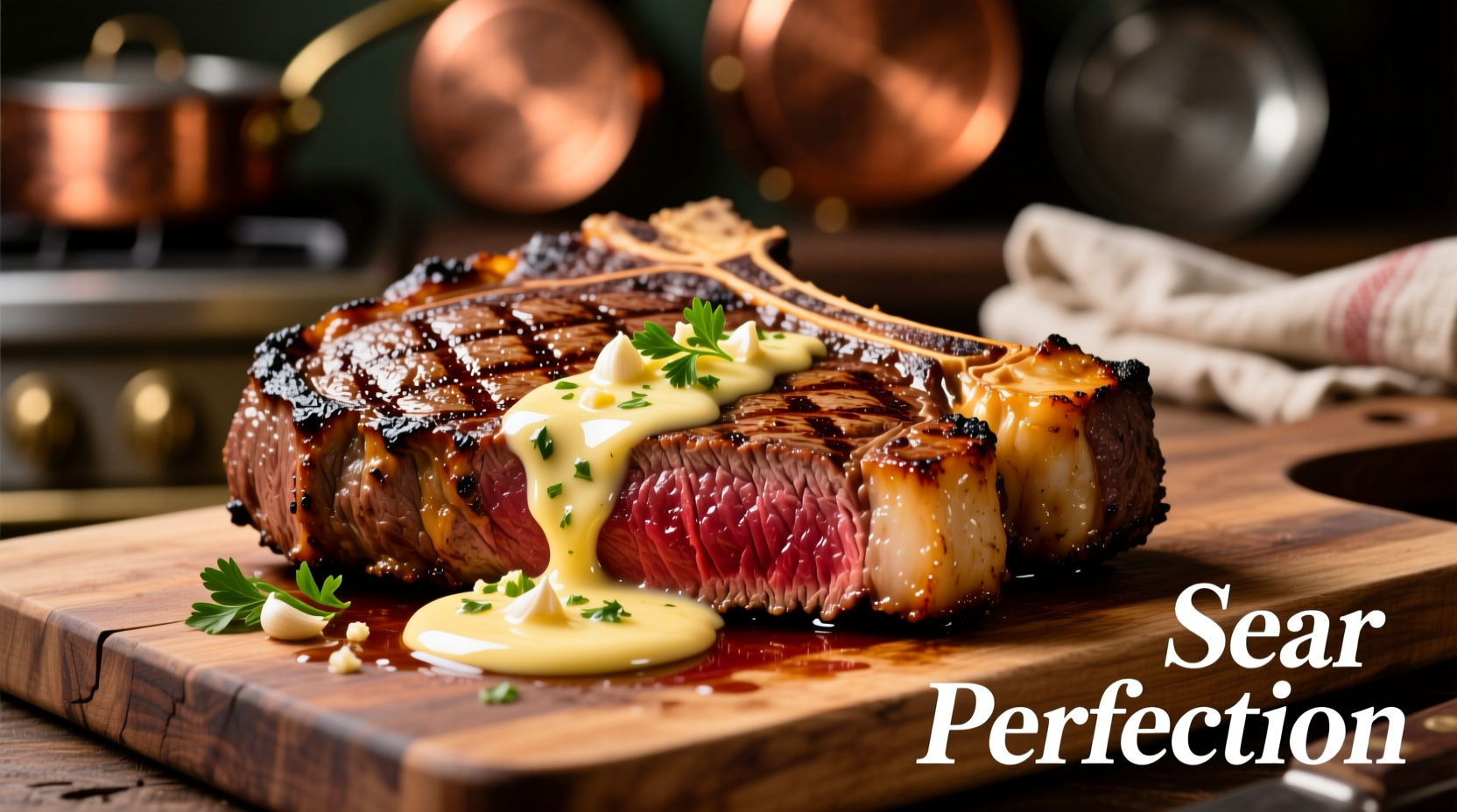 Perfectly seared steak with garlic butter sauce