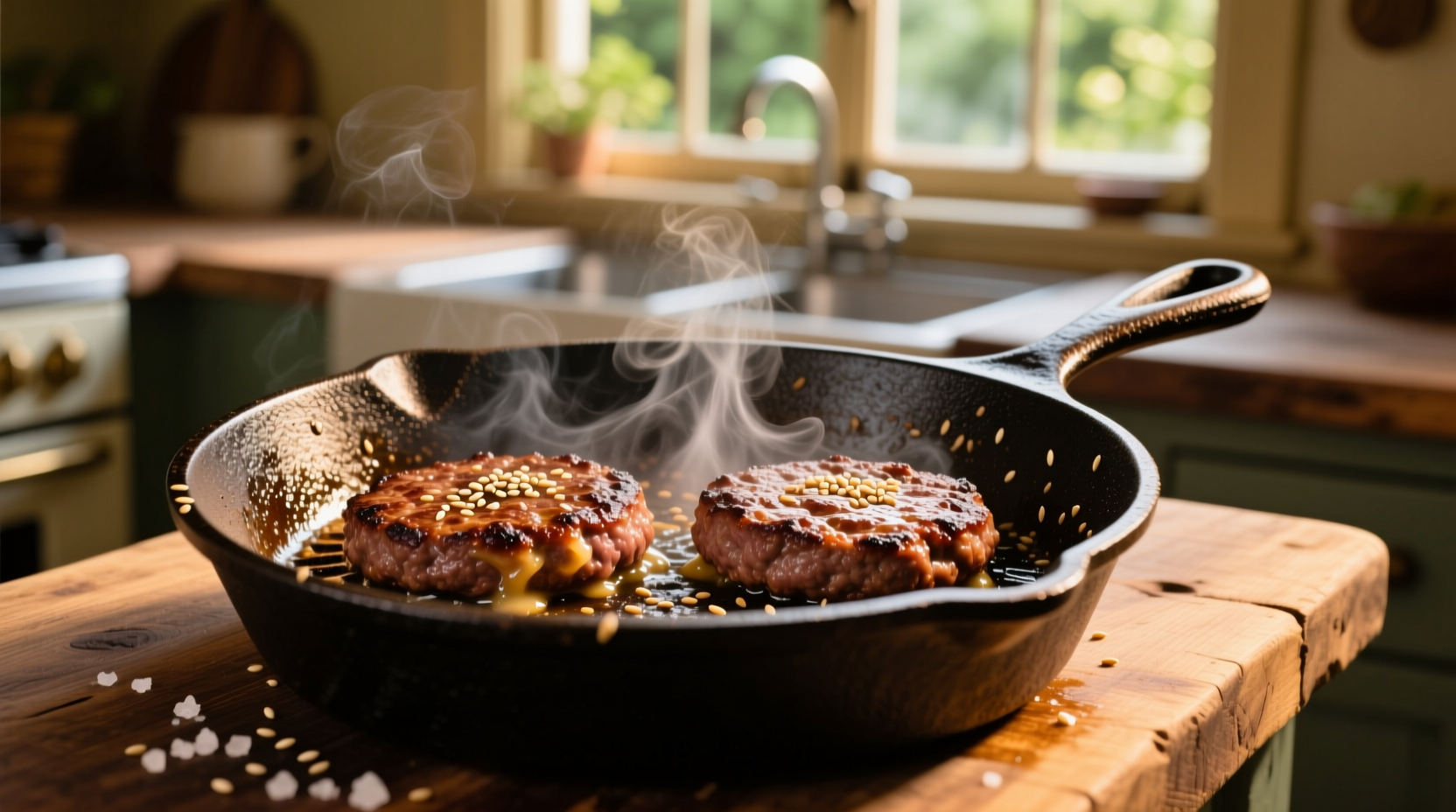 Cast-iron skillet with sizzling burger patties