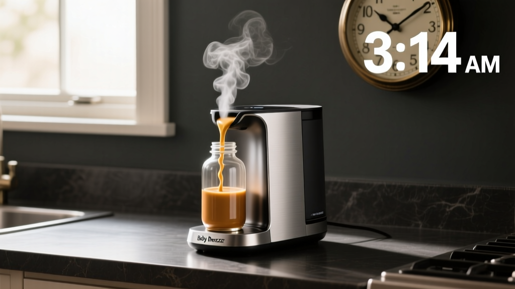 Baby Brezza Formula Pro Advanced WiFi dispensing warm formula into a glass bottle on a dark kitchen counter with a clock showing 3:14 AM