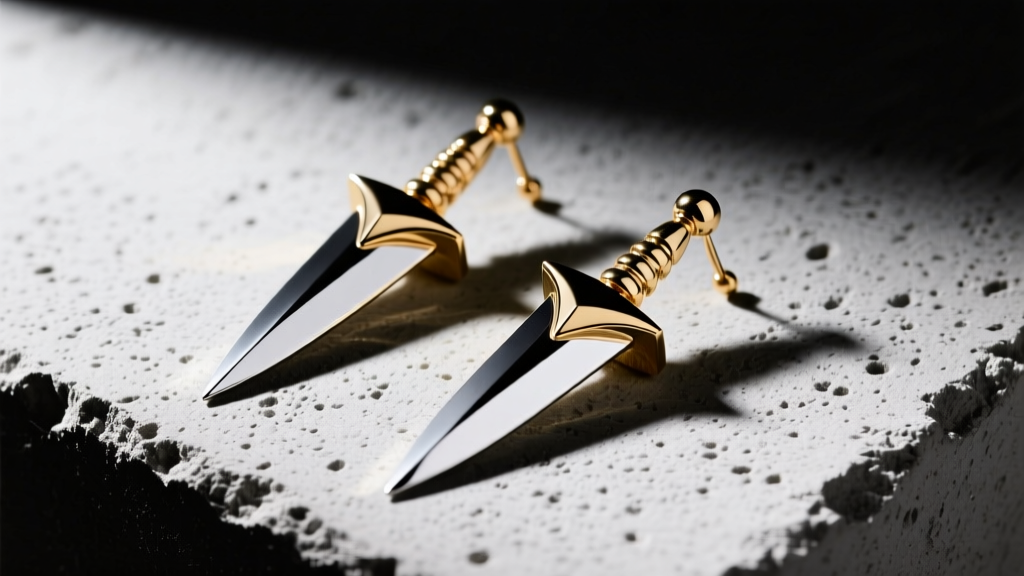 Editorial flat lay of rhodium-plated brass Balenciaga dagger drop earrings resting on raw concrete under stark studio lighting