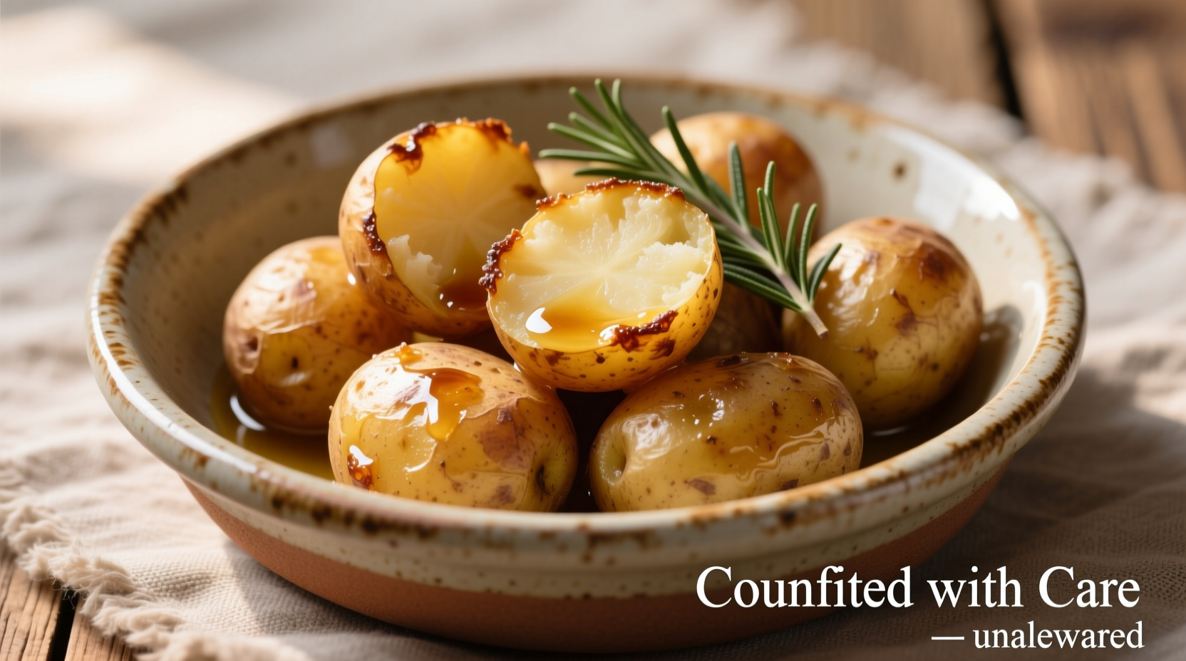 Perfectly cooked confit potatoes in ceramic dish