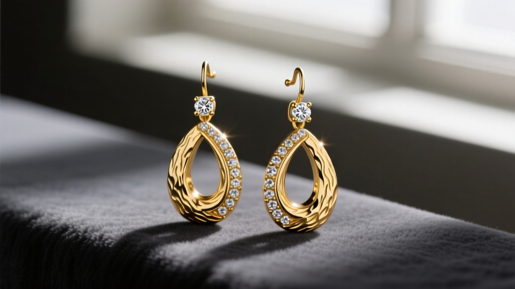 Macro shot of 18k yellow gold vintage Lewis Segal drop earrings with textured bark finish and pavé diamonds resting on dark grey velvet.