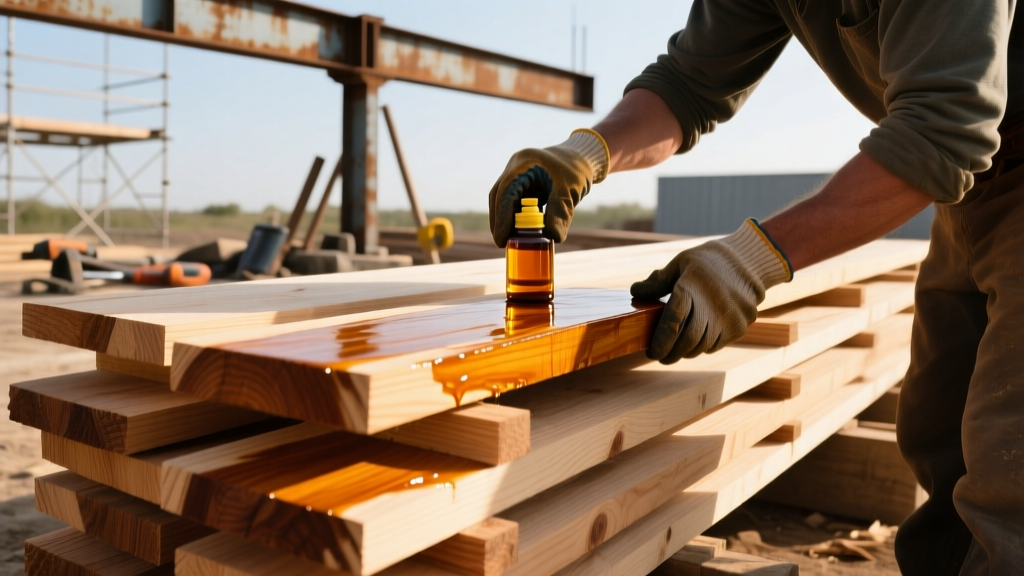 Worker applying penetrating oil finish to rough-sawn cedar wood planks stacked outdoors on a bright construction site.
