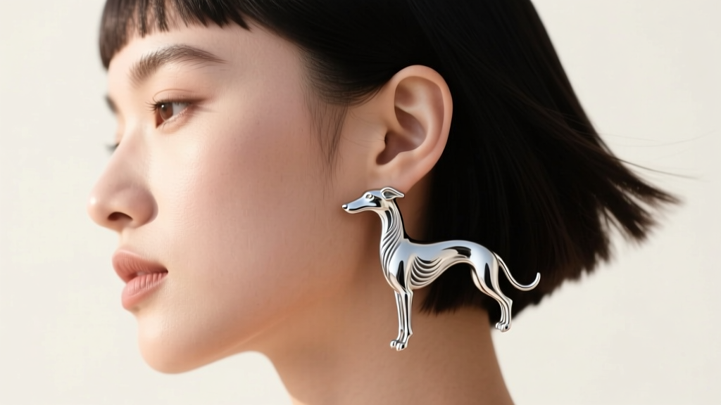 Side profile of a woman with a bob haircut wearing a detailed titanium greyhound drop earring, highlighting modern pet-core jewelry