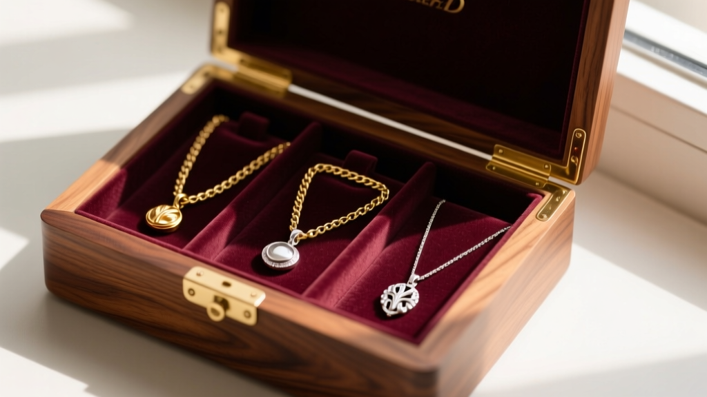 Top-down view of an open walnut necklace box with velvet slots holding untangled gold chains and silver pendants in soft lighting