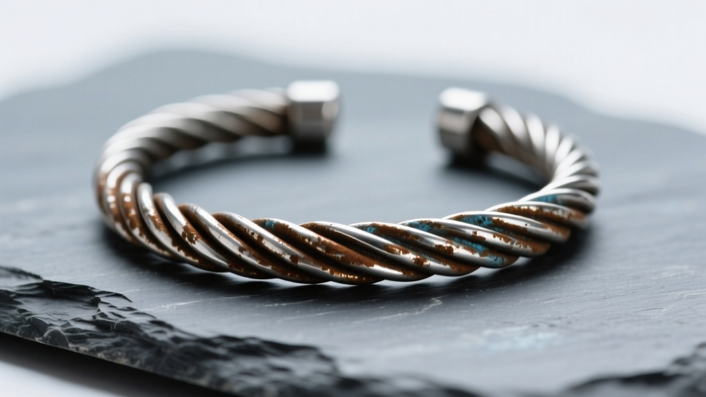 Macro shot of an oxidized silver cable bracelet on slate, highlighting twisted grooves and dark patina under soft studio lighting.