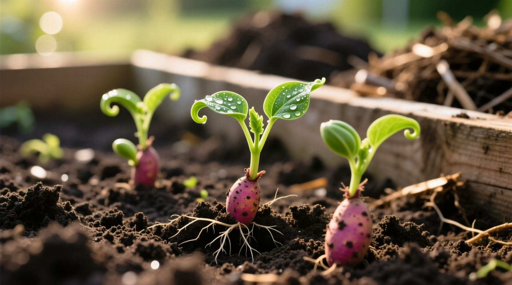 Sweet potato slips planted in well-prepared garden soil