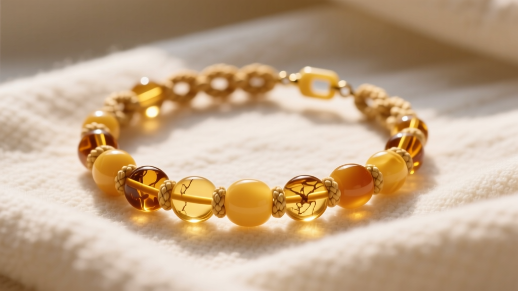 Golden Baltic amber baby necklace on a soft blanket, showing knotted beads and a breakaway plastic safety clasp in warm light.