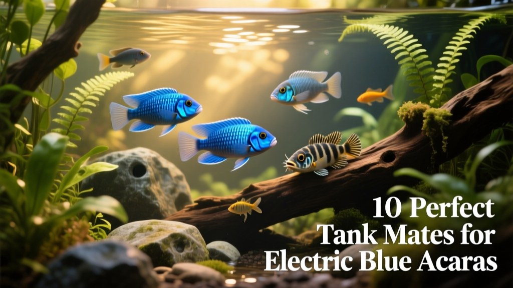 Aquarium setup featuring Electric Blue Acaras alongside Keyhole Cichlids and Bristlenose Plecos among lush plants and natural hardscape