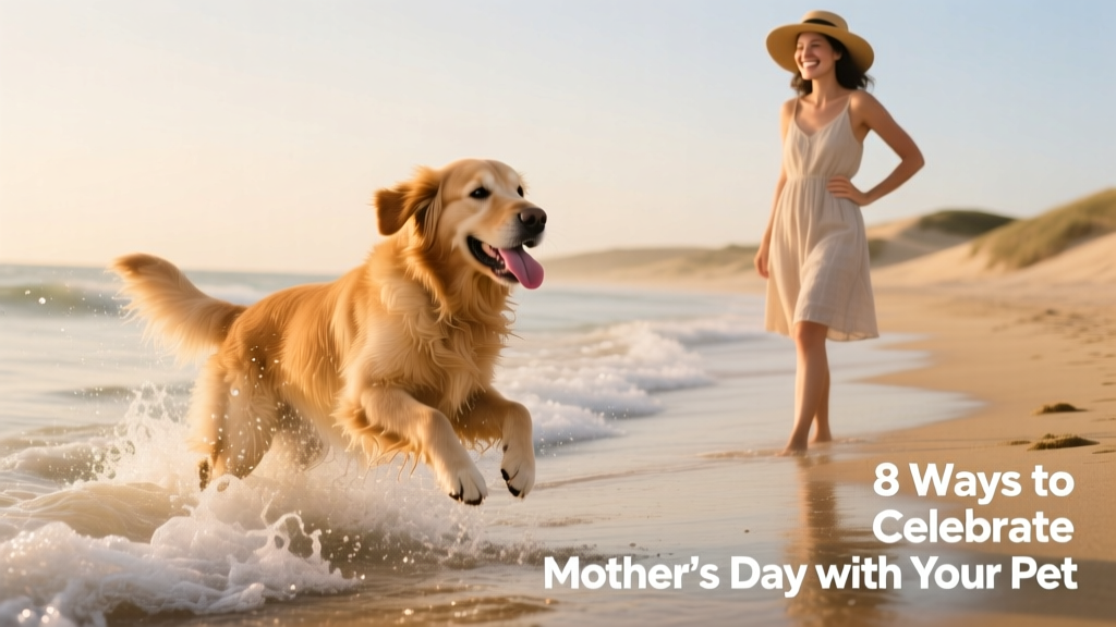 A golden retriever happily splashing in shallow ocean waves while its owner smiles nearby on the sandy shore