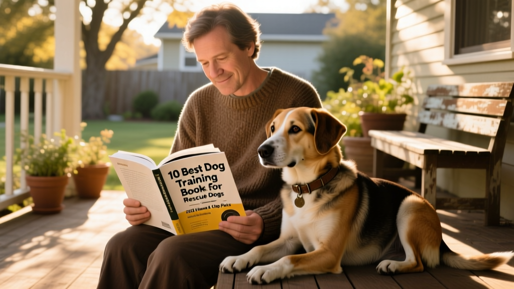 Person sitting quietly beside a relaxed rescue dog, both looking at an open training book together