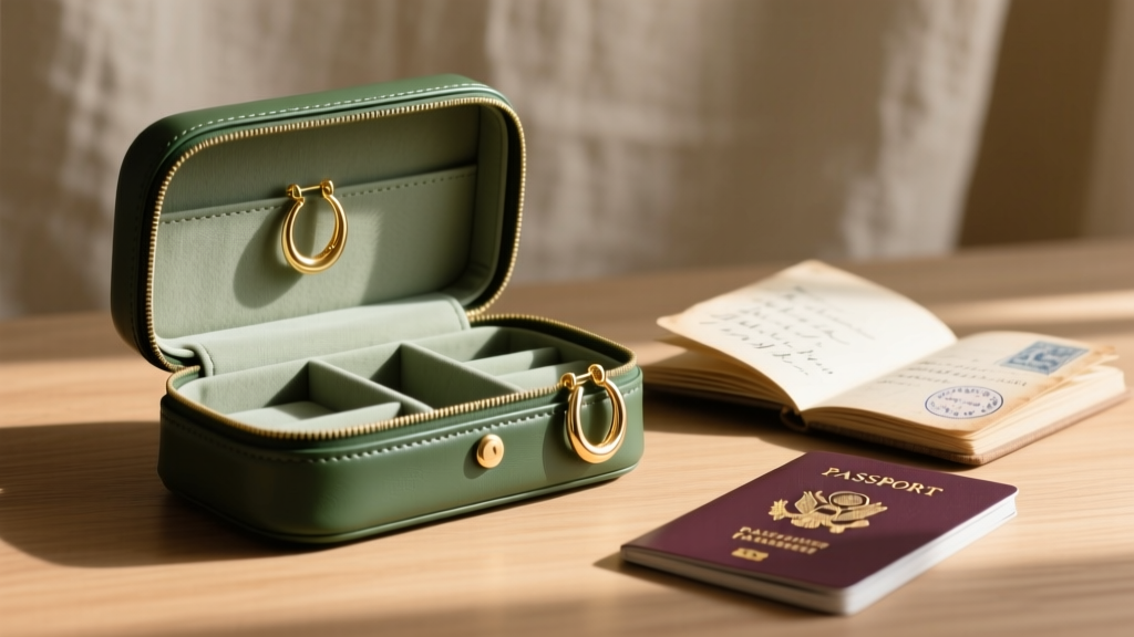 Sage green full-grain leather travel jewelry case with minimalist interior beside a passport and delicate gold hoop earrings