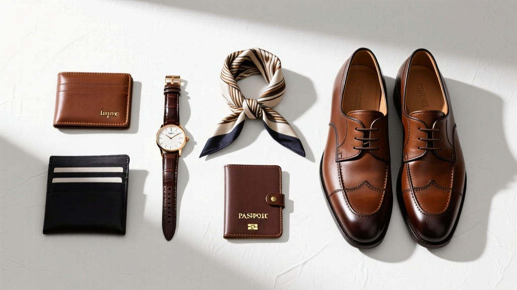 Flat lay of men's earrings including a black PVD huggie hoop and diamond stud, arranged neatly on a textured leather valet tray