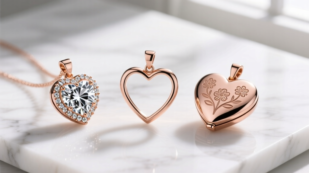 Three rose gold heart pendants on white marble: a diamond pave heart, a minimalist outline heart, and an engraved locket heart