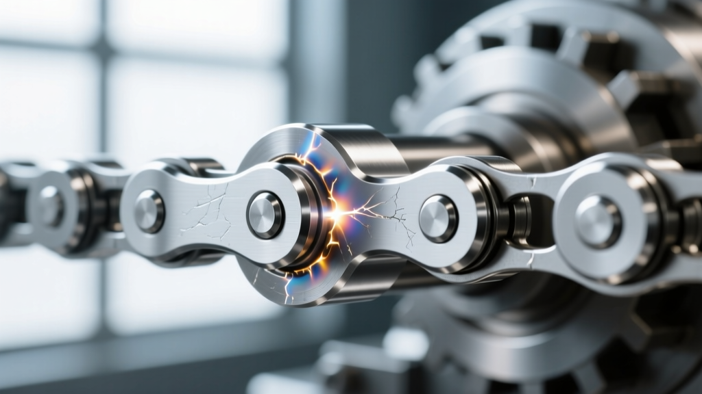 Macro photography of a soldered bonecrusher chain link joint, showing smooth laser-welded seams on polished 316L stainless steel.