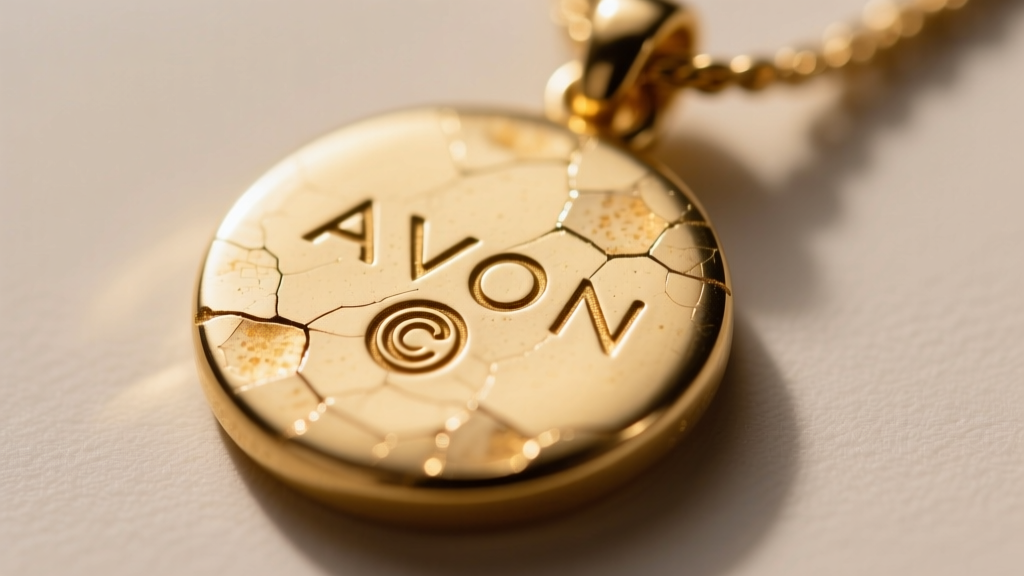 Macro shot of an Avon pendant back showing the AVON hallmark and copyright symbol with slight brassing on the gold-tone surface.