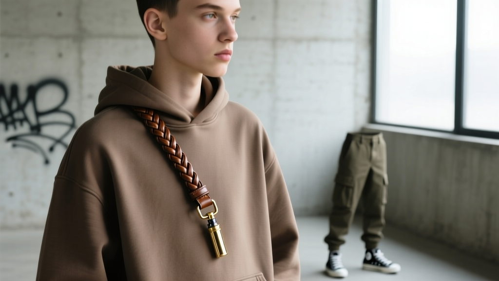 Side profile of a person wearing a braided leather vape lanyard with a brass snap clasp, showcasing streetwear fashion styling.