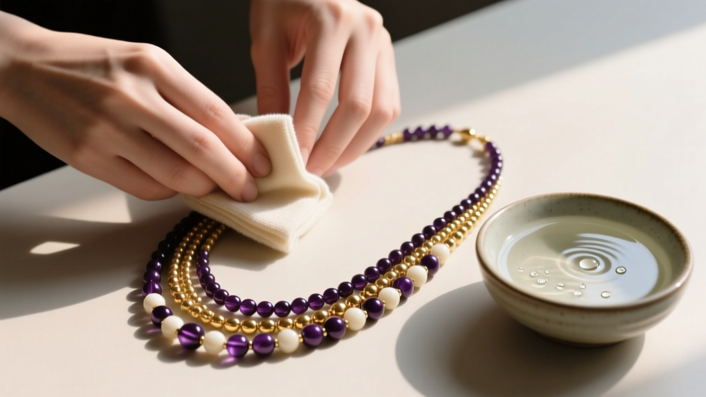 Hands gently wiping a multi-strand beaded long statement necklace with a microfiber cloth, beside a small bowl of mild soapy water.