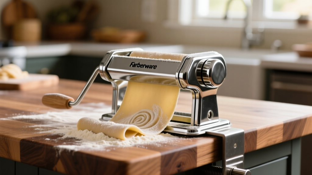 Close-up of a Farberware manual pasta roller clamped to a thick oak kitchen island with dusted semolina flour on the chrome steel rollers