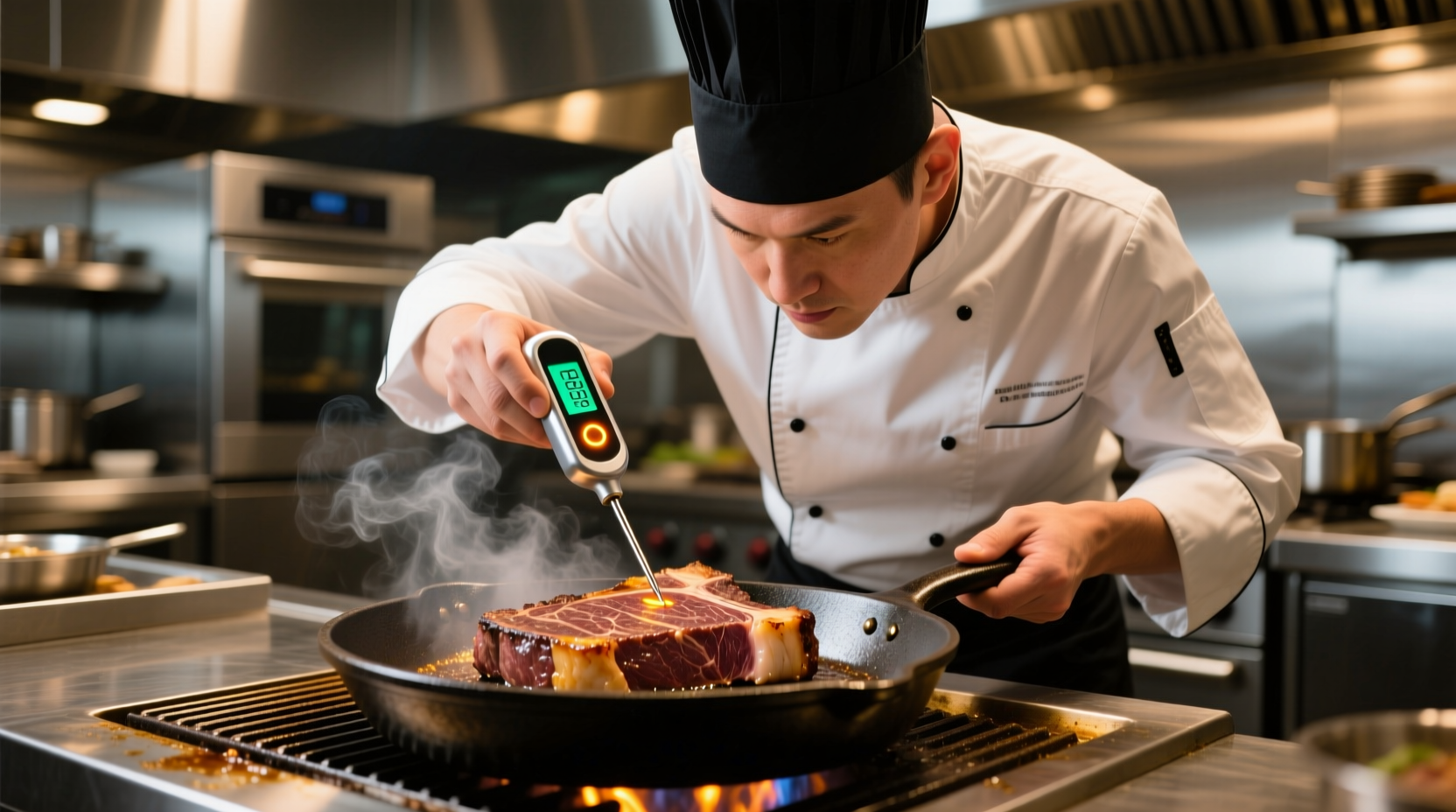 Professional chef using digital cooking thermometer in steak
