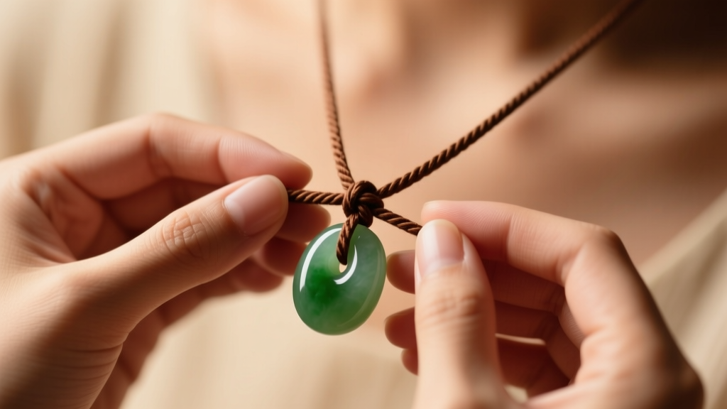 Hands tying a brown waxed cotton slip knot on a jade pendant necklace under warm studio lighting with a softly blurred backdrop