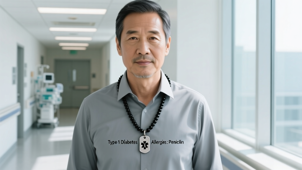 A man wearing a matte black silicone bead necklace with a laser-engraved titanium medical ID pendant in a bright clinical hospital.