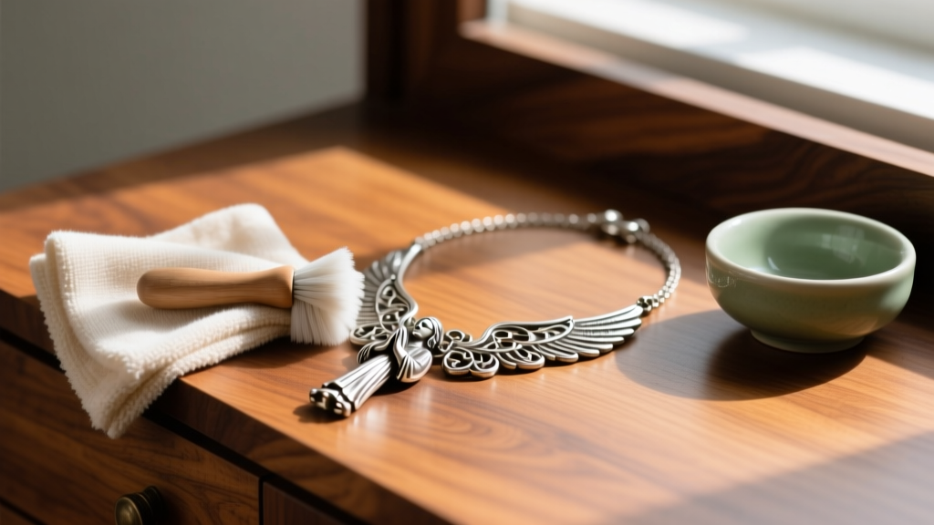 A soft microfiber cloth gently polishing a vintage oxidized silver praying hands necklace on a wooden vanity next to a small bowl.