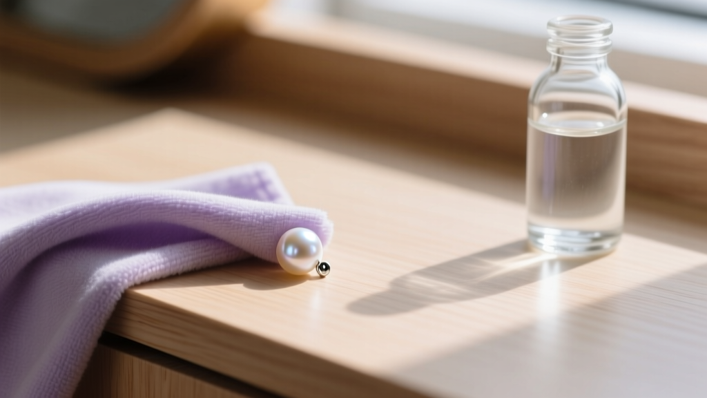Microfiber cloth wiping a 6mm freshwater pearl stud earring on a wooden vanity, next to a small glass bottle of distilled water