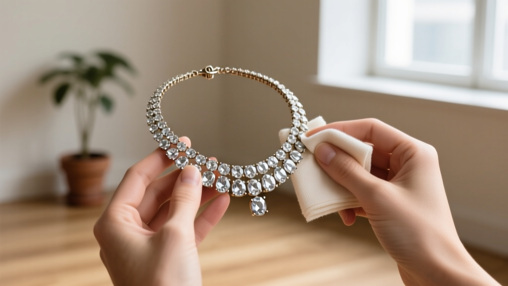 Hands gently polishing a vintage Weiss rhinestone necklace with a dry microfiber cloth, avoiding moisture near foil-backed stones