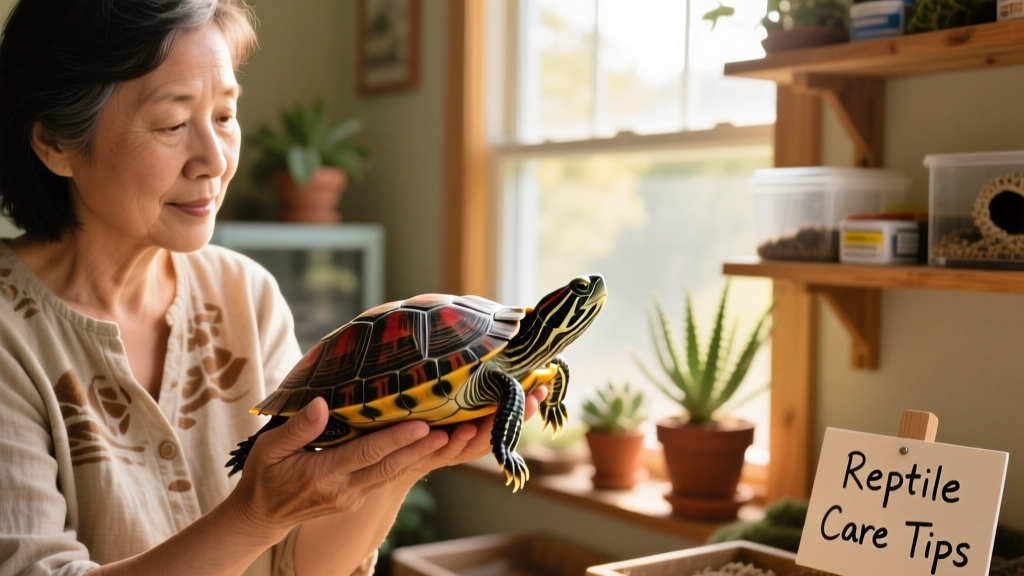 A turtle being gently handled by an experienced reptile sitter