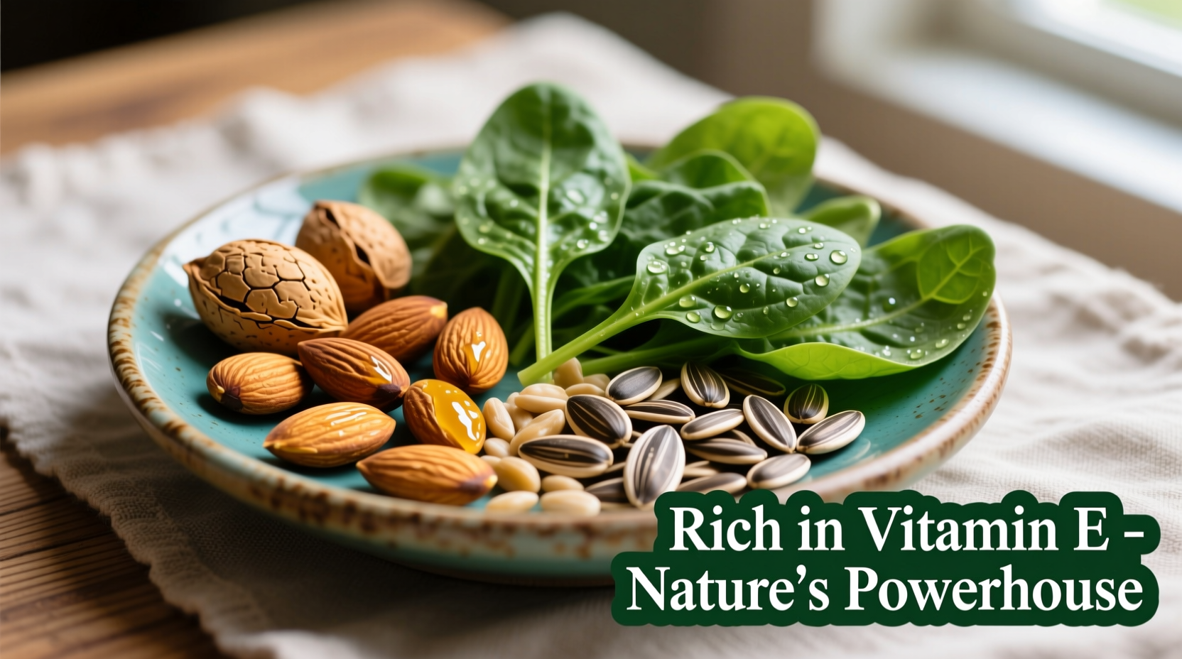 Colorful plate of vitamin E rich foods including almonds, sunflower seeds, and spinach